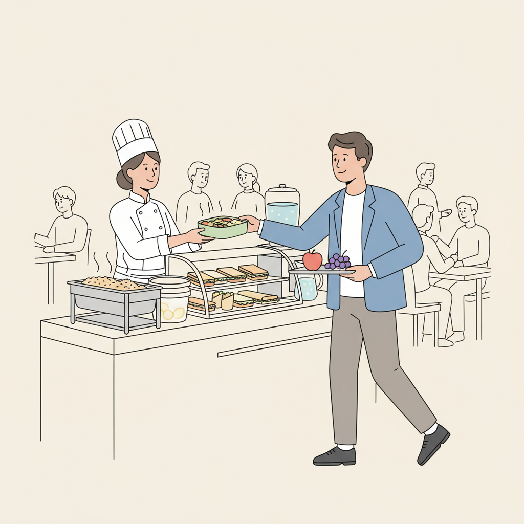 Un empleado recibe una comida balanceada servida por una chef en la cafetería de una empresa, representando la importancia de la alimentación laboral en la productividad.