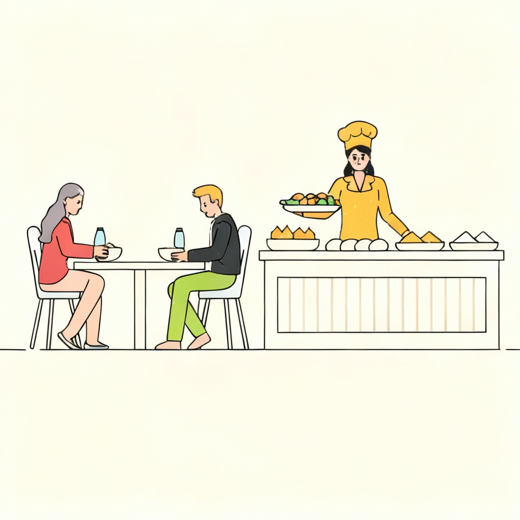 Ilustración plana de una cafetería empresarial con empleados disfrutando comidas saludables mientras una chef sirve alimentos frescos, representando la importancia de la nutrición laboral para mejorar la productividad y el bienestar.