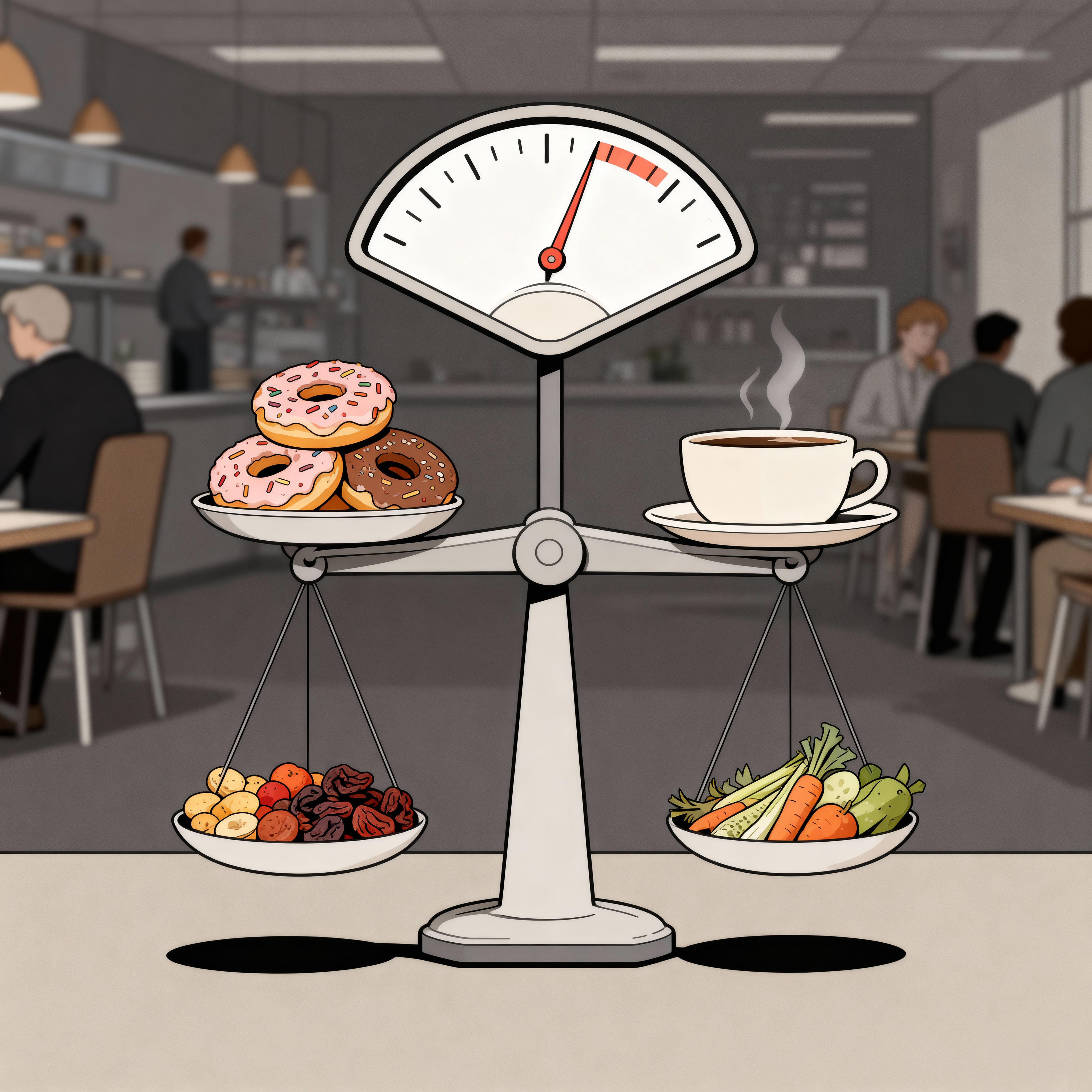 Ilustración para blog que muestra una balanza comparando alimentos ultraprocesados con opciones saludables dentro de un comedor laboral estrés