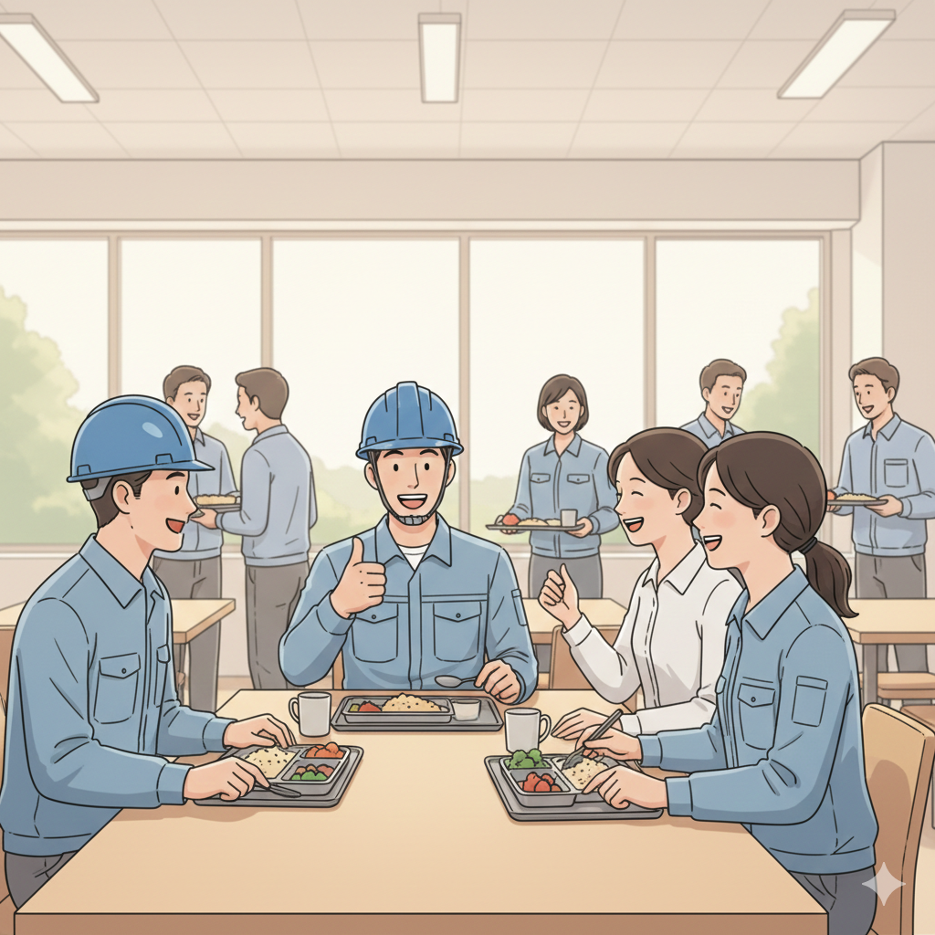 Empleados de planta y oficina conviviendo en comedor industrial que cumple normativa NOM-035.