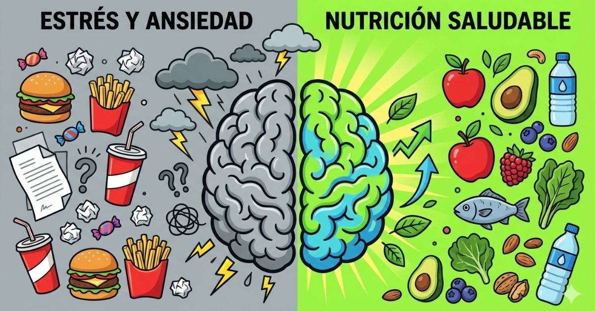Infografía comparativa de un cerebro bajo estrés y ansiedad por comida chatarra frente a un cerebro con nutrición saludable y bienestar.