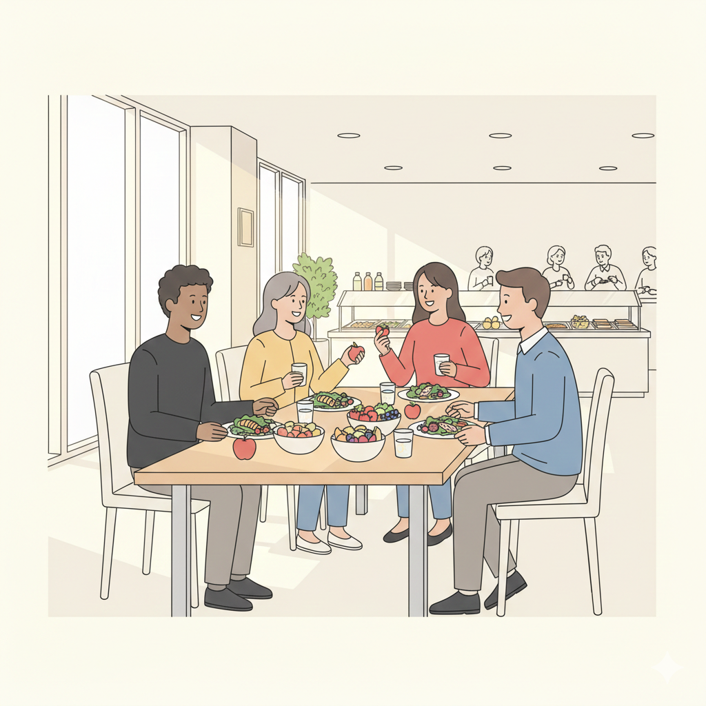 Grupo de empleados felices compartiendo una comida saludable con ensaladas y frutas en un comedor empresarial moderno.