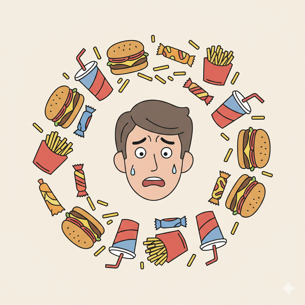 Ilustración de un hombre estresado rodeado por un círculo de iconos de comida chatarra, representando la alimentación emocional por ansiedad laboral.