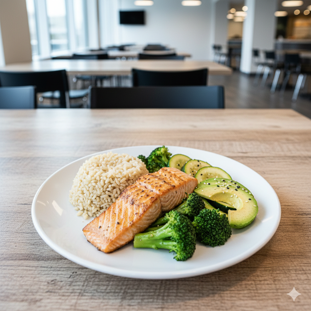 Foto de un plato saludable con salmón a la plancha, arroz integral, brócoli y aguacate servido en un comedor empresarial.