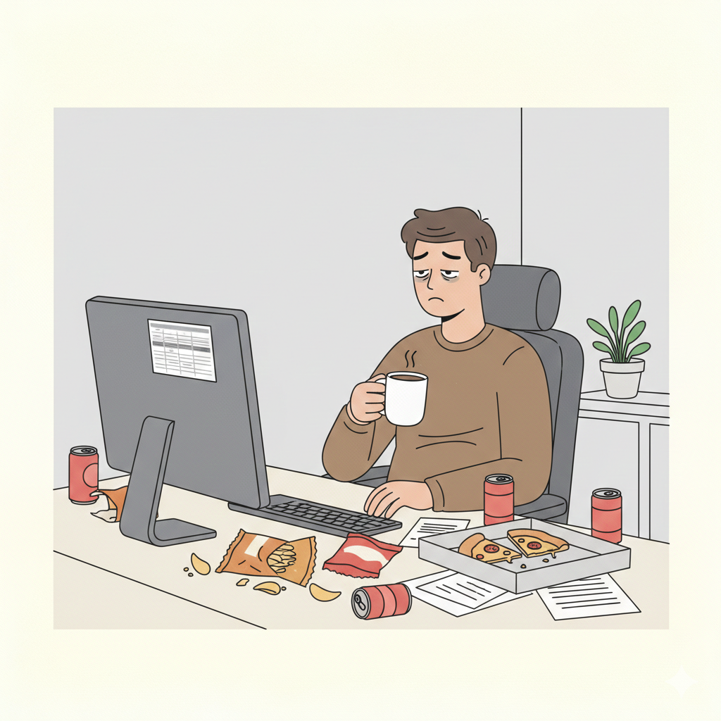 Ilustración de empleado de oficina con estrés laboral y burnout comiendo comida chatarra y pizza frente a la computadora.