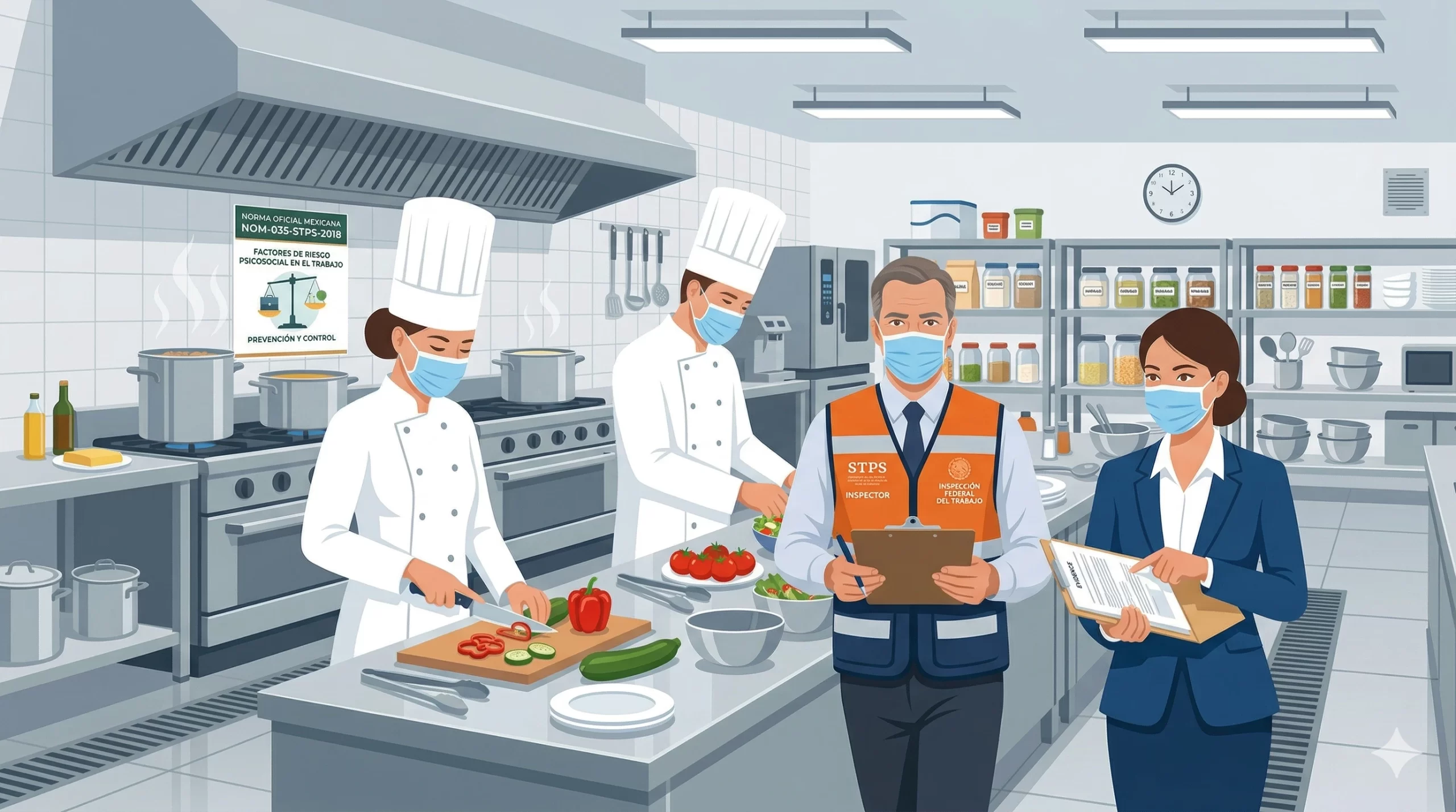 Inspector STPS verificando evidencia de cumplimiento NOM-035 en comedor industrial