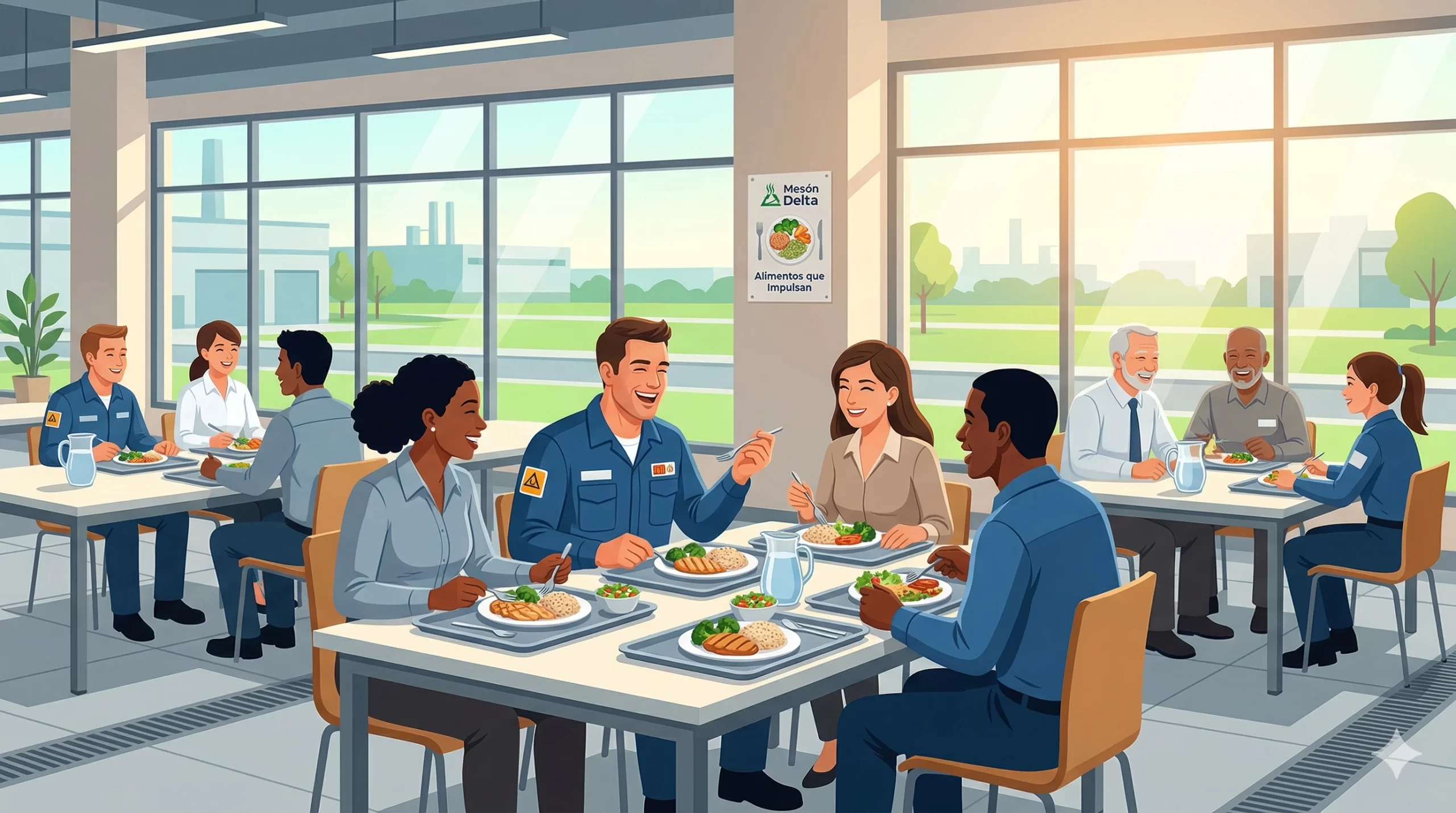 Trabajadores conviviendo en comedor industrial moderno cumpliendo NOM-035