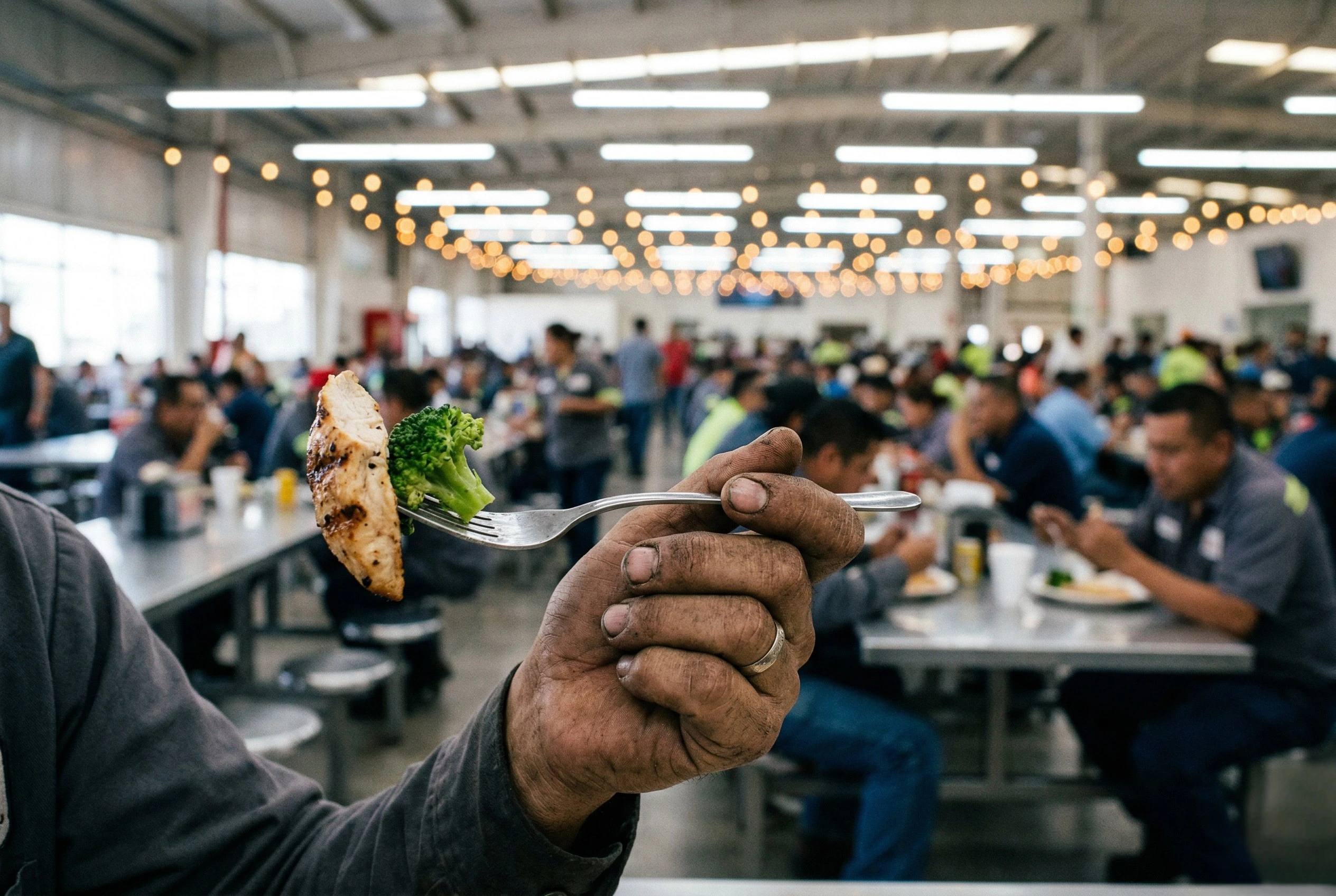 Mano de trabajador industrial sosteniendo tenedor con comida balanceada en comedor de empresa