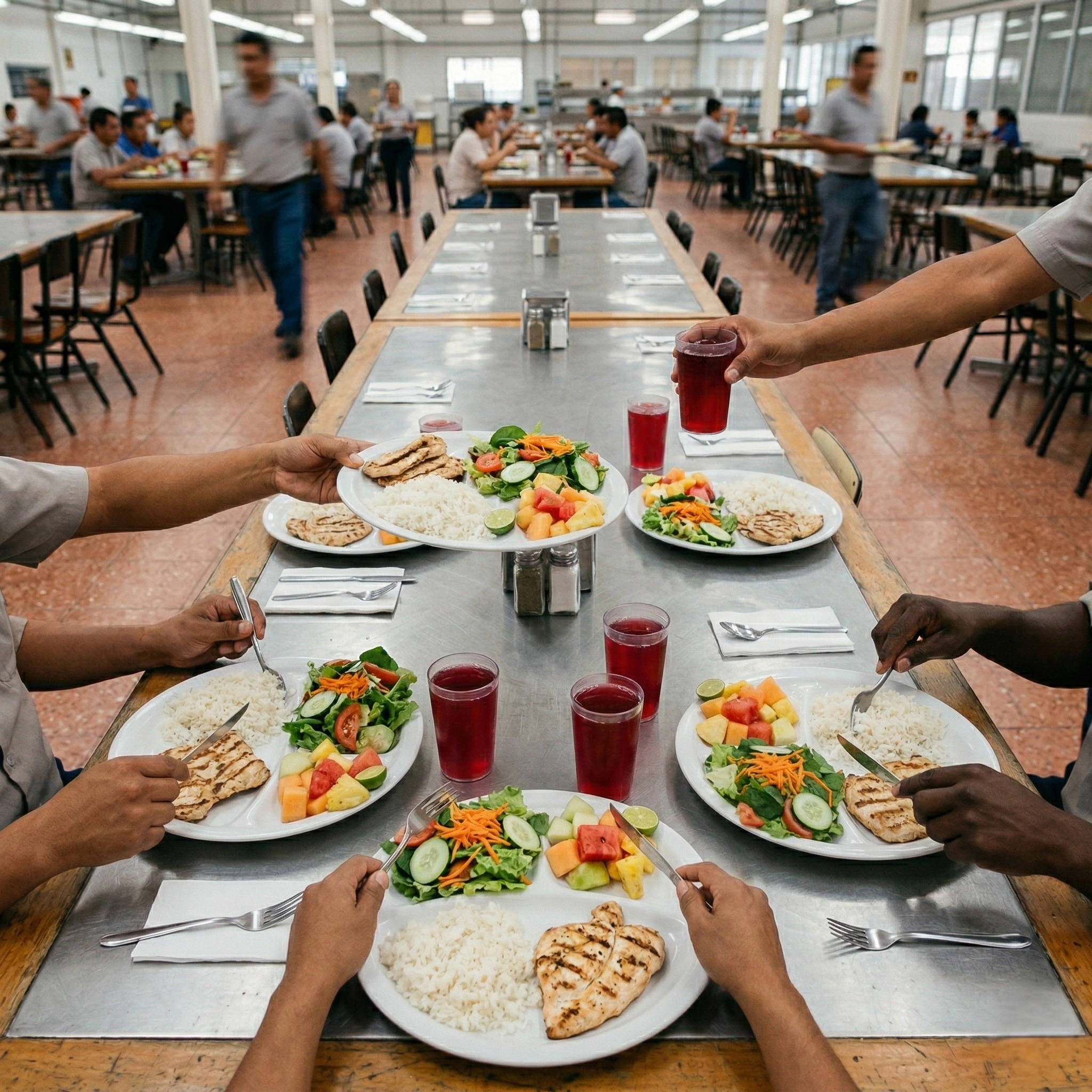 Vista cenital de charolas de comedor industrial con comida balanceada servida a trabajadores