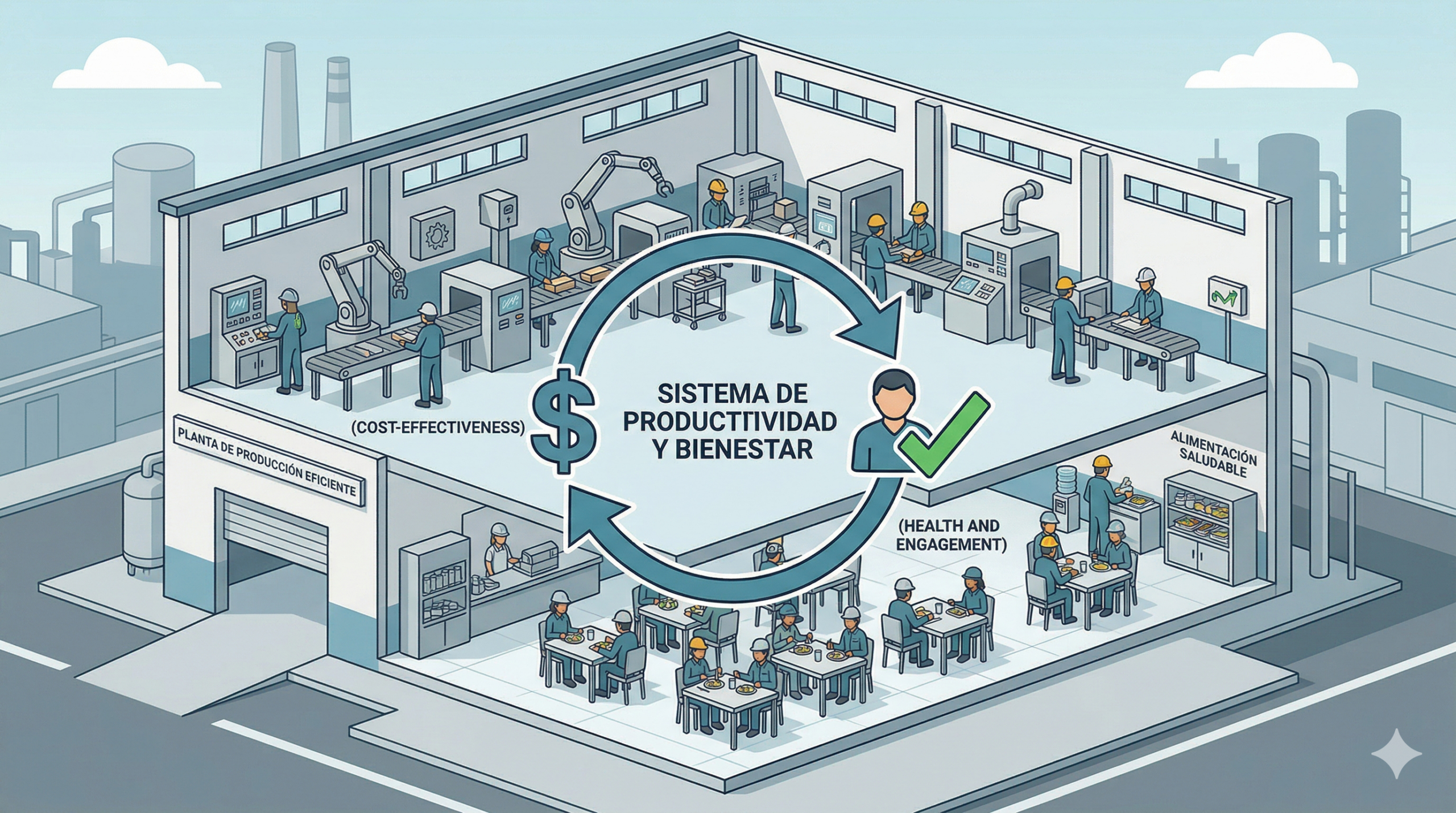 Ilustración isométrica de planta industrial con comedor que reduce la rotación de personal