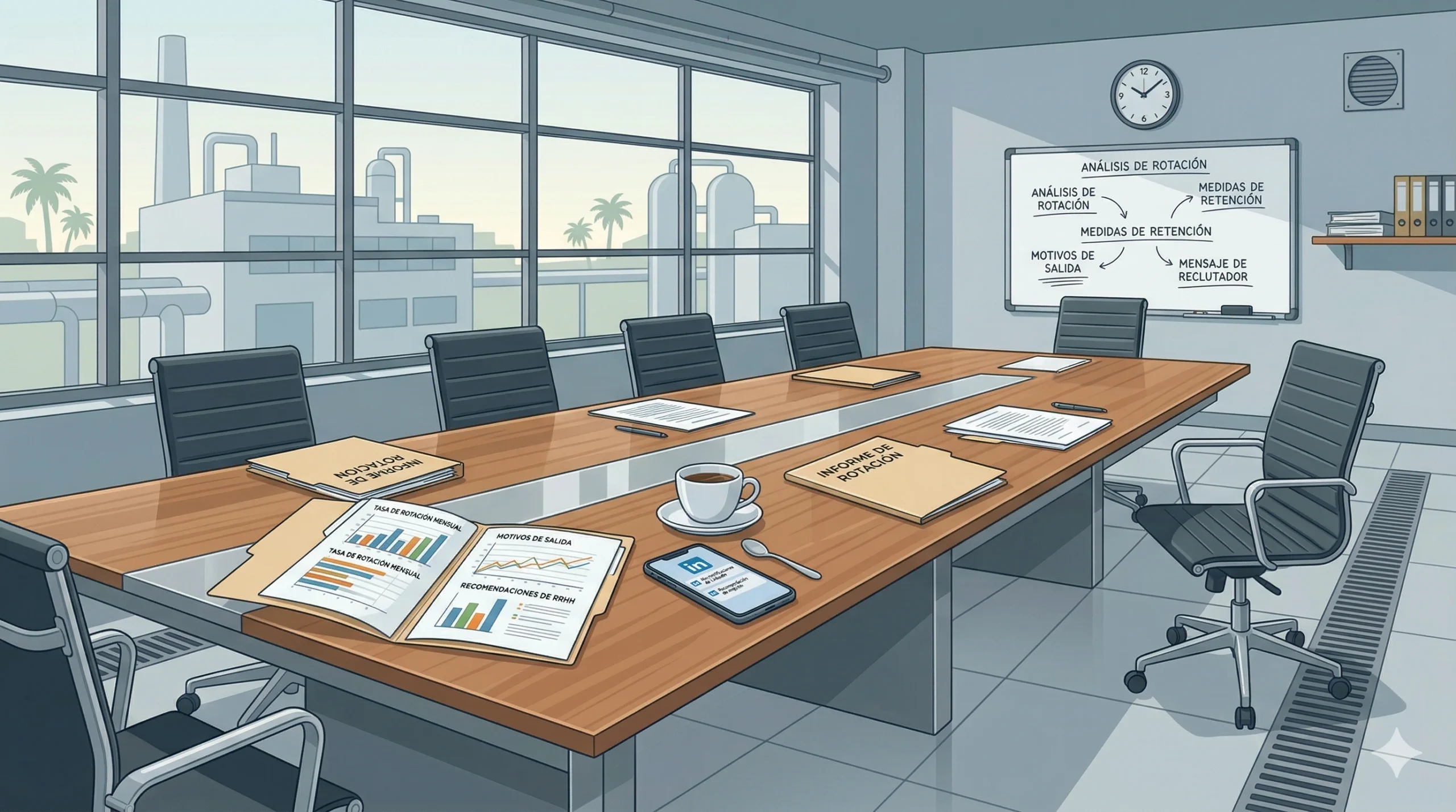 Sala de juntas vacía en planta industrial con gráficas de rotación de personal sobre la mesa