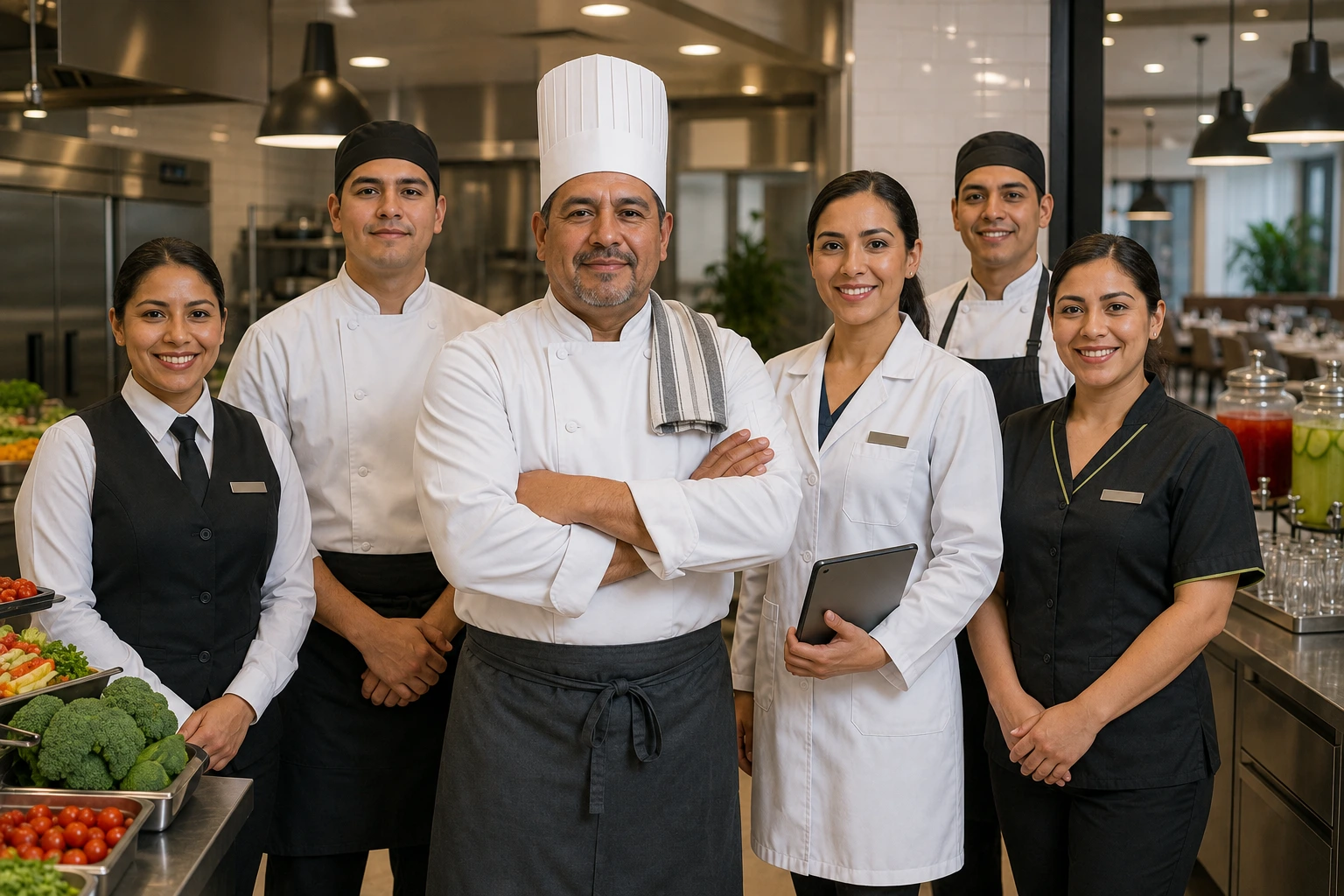 Equipo multidisciplinario de Mesón Delta: chef, nutrióloga y personal de servicio