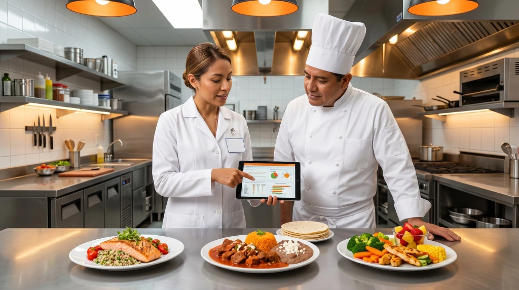 Equipo de cocina profesional preparando alimentos en comedor industrial