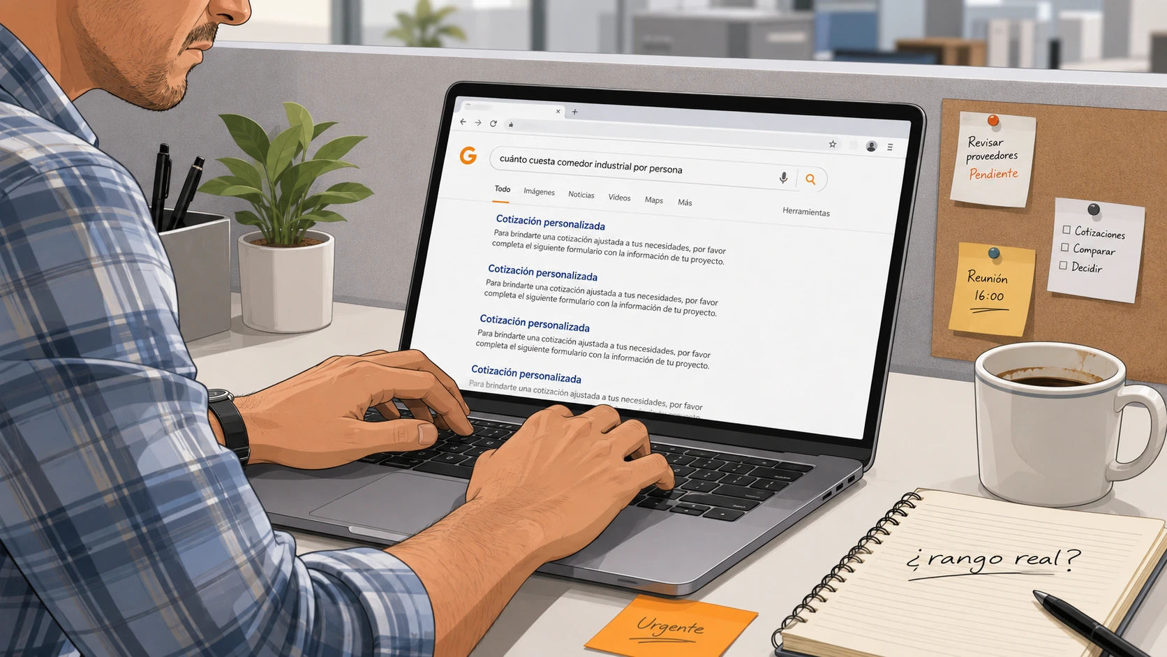 Analista de compras buscando cuánto cuesta un comedor industrial por persona y encontrando solo páginas de cotización personalizada