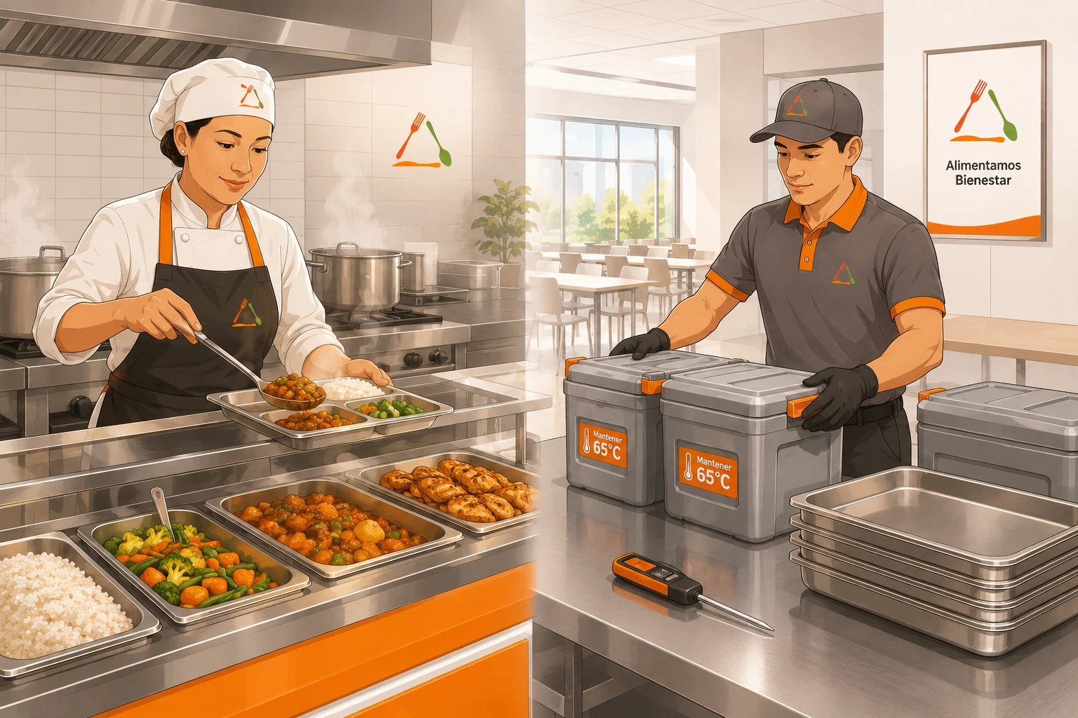 Cocinera sirviendo en cocina en sitio y repartidor con contenedores isotérmicos de comida transportada en un comedor industrial
