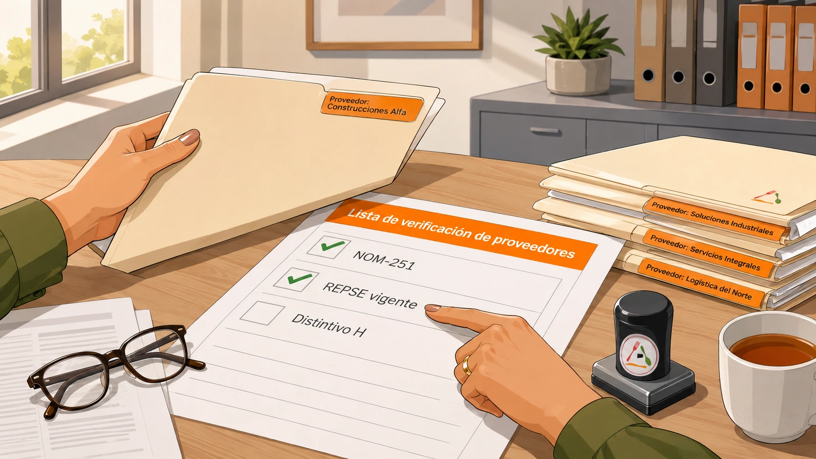 Compradora revisando lista de verificación con NOM-251, REPSE vigente y Distintivo H para elegir proveedor de comedor industrial