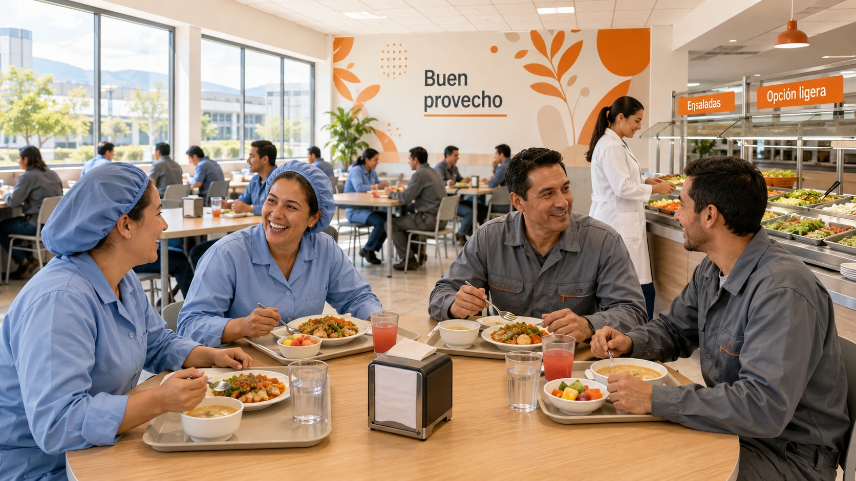 Colaboradores de una planta comiendo en un comedor industrial con menú balanceado diseñado por nutrióloga