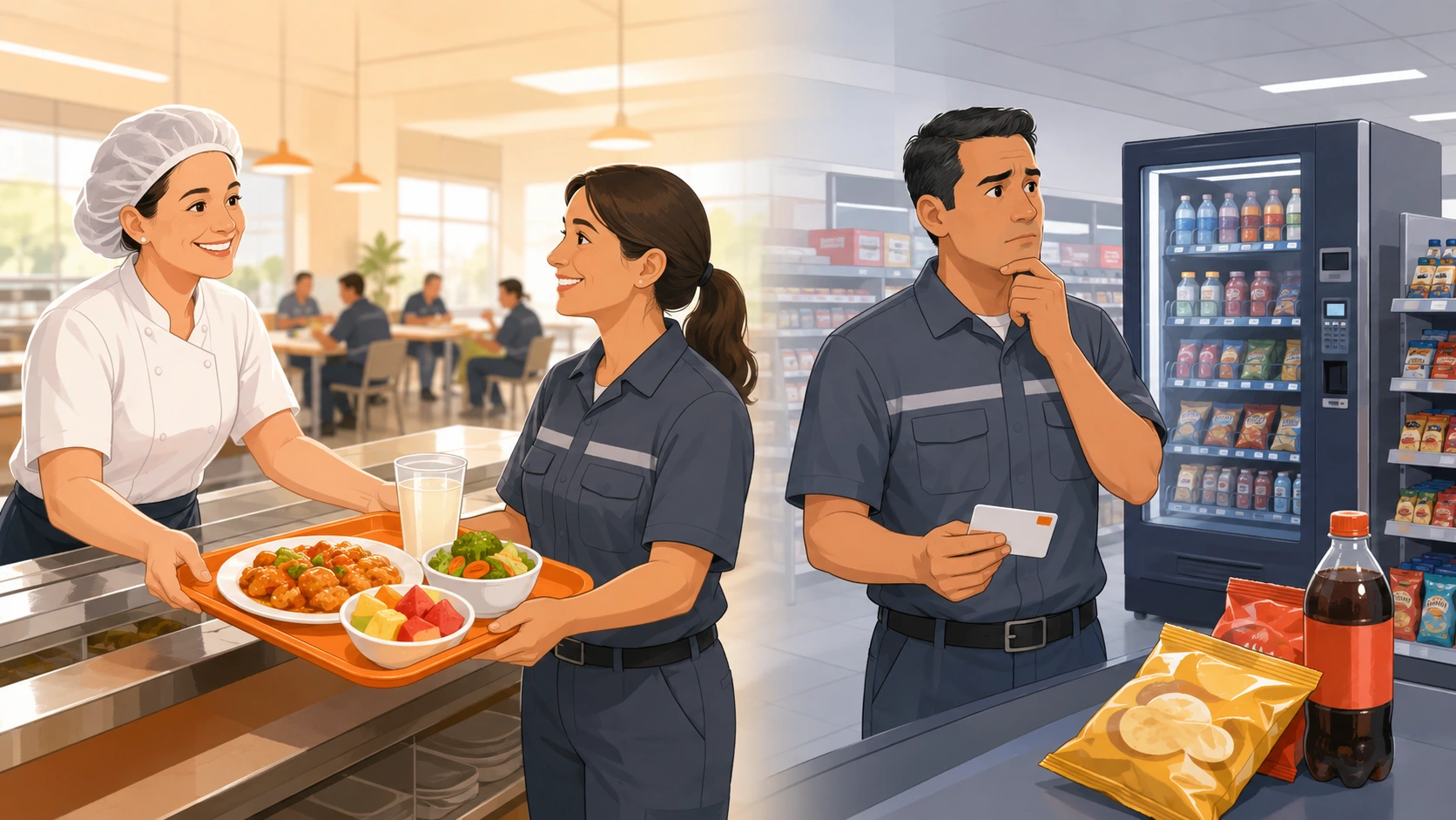 Trabajadora recibiendo comida balanceada del comedor industrial frente a trabajador comprando frituras y refresco con vale