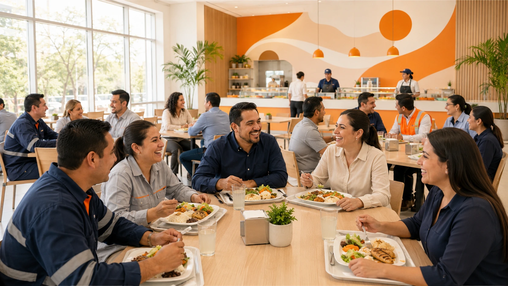 Trabajadores de distintas áreas y jerarquías conviviendo en un comedor industrial durante la hora de la comida