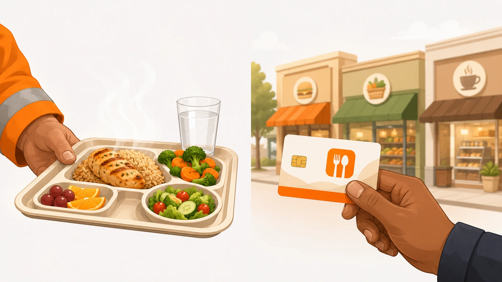 Charola de comedor con comida balanceada vs tarjeta de vale con opciones de comercios: dos formas de valor para el empleado