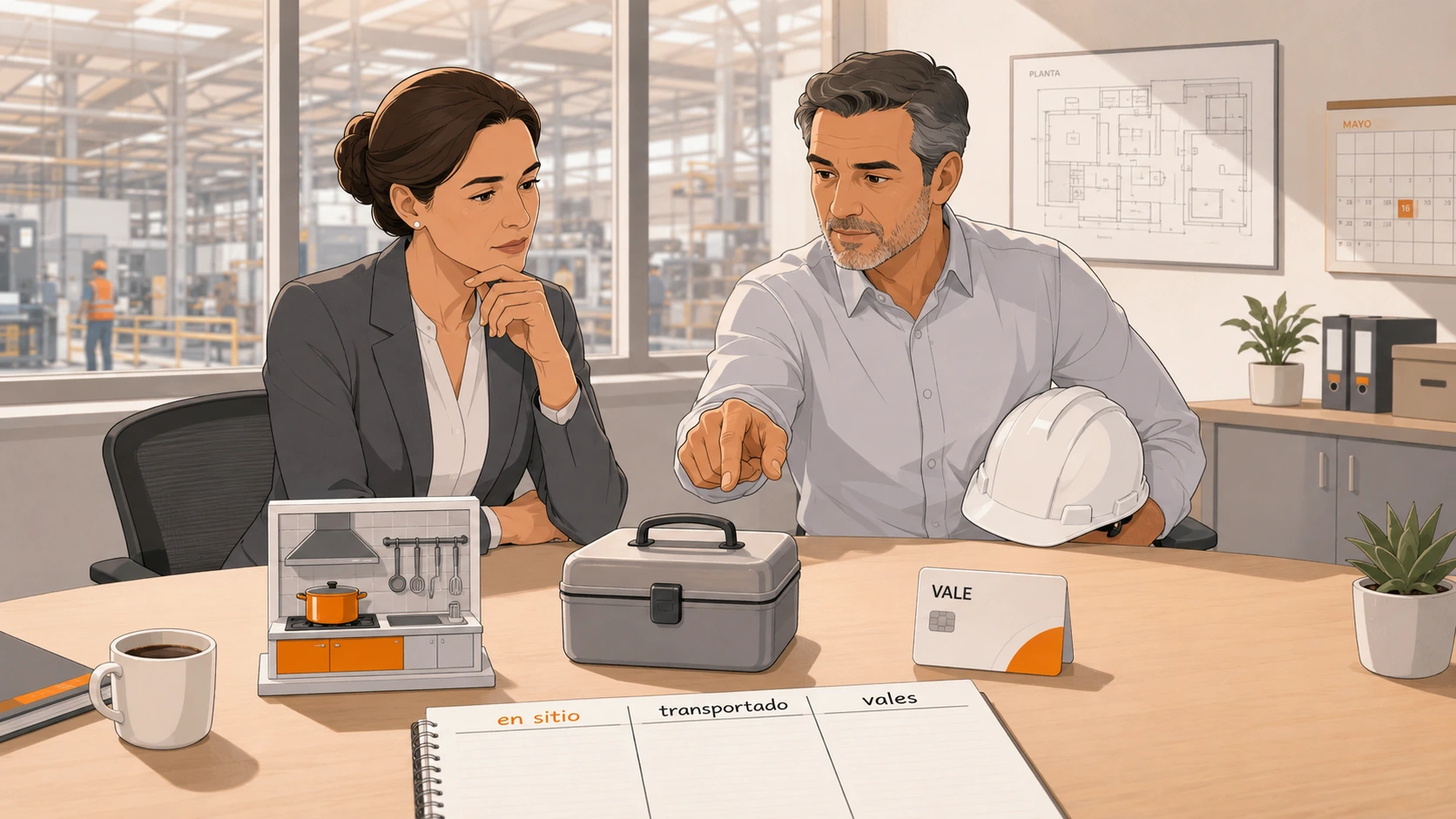 Directora de operaciones y gerente de planta evaluando las tres modalidades de comedor industrial: cocina en sitio, alimentos transportados y vales