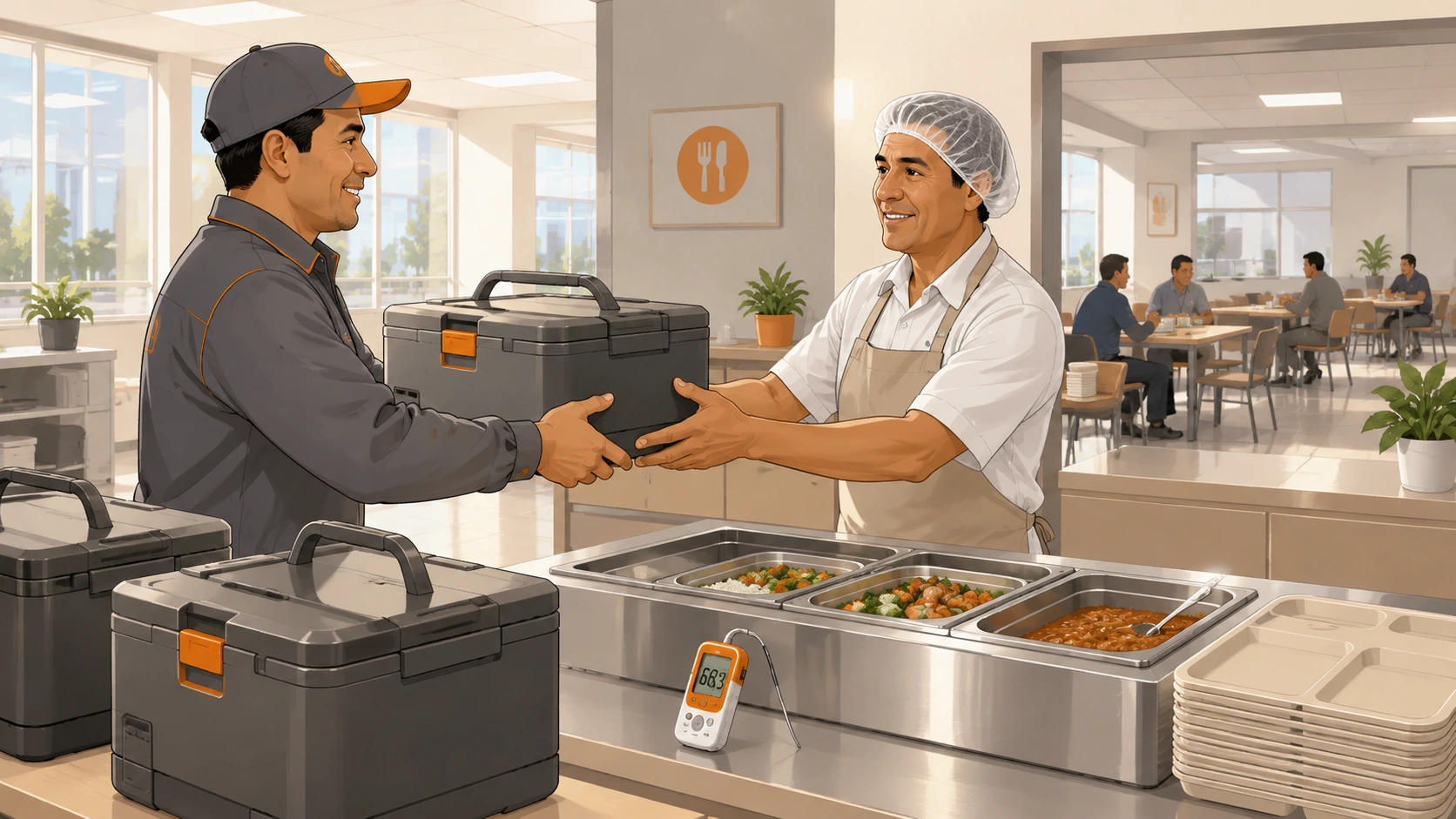Repartidor entregando contenedores isotérmicos con alimentos transportados a una empresa sin cocina propia