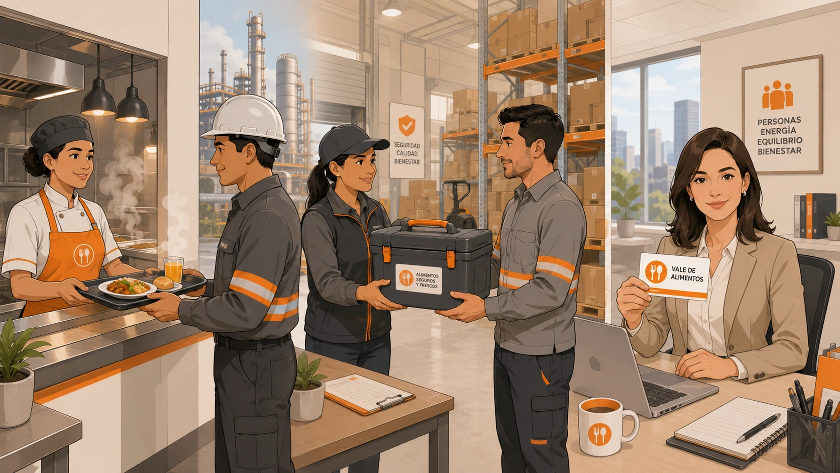 Tres tipos de centro de trabajo con la modalidad de comedor industrial que mejor encaja: planta grande, nave mediana y oficina con vales