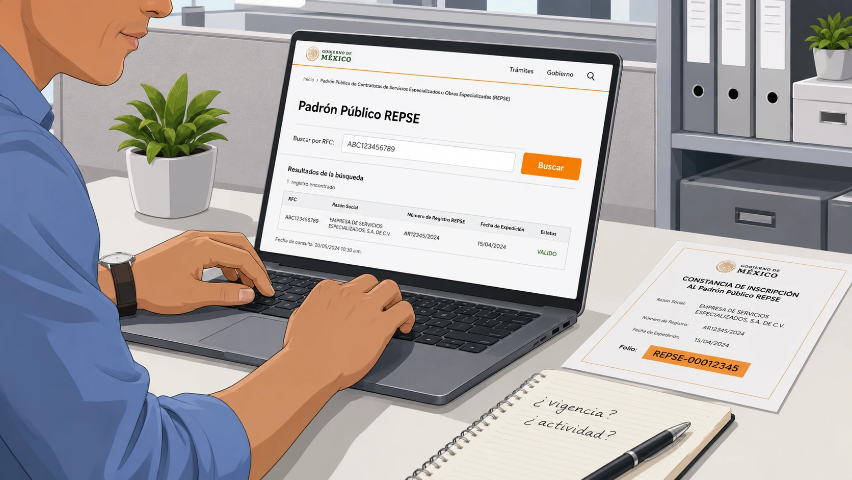 Analista de cumplimiento buscando un RFC de proveedor de comedor industrial en el padrón público REPSE de la STPS