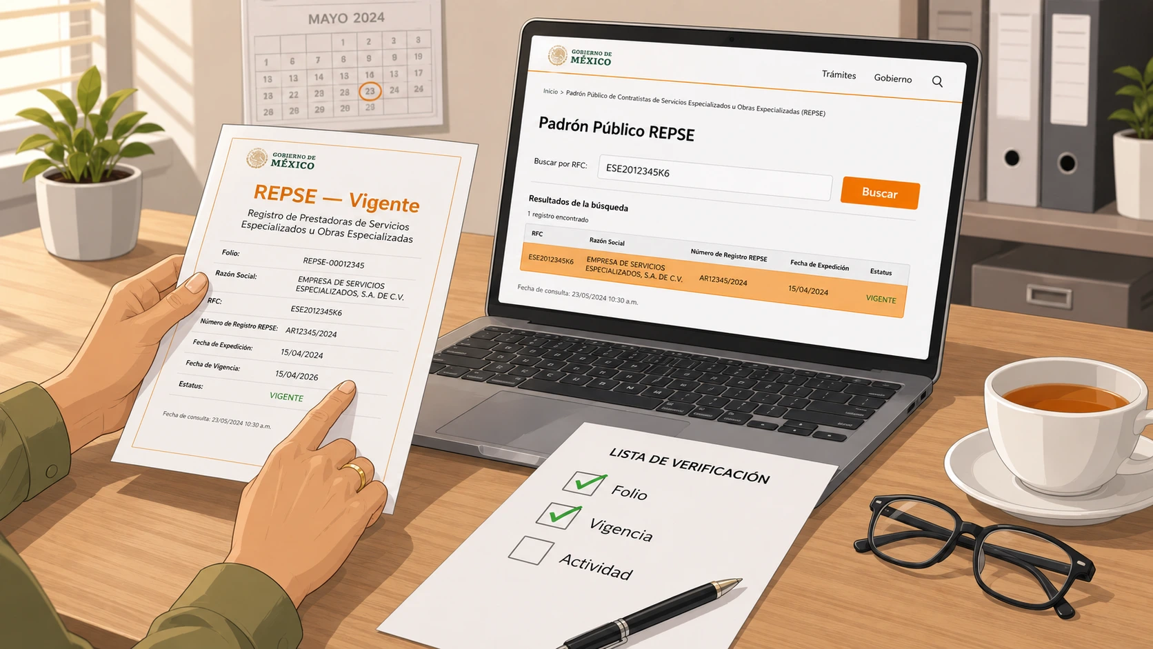 Compradora cotejando constancia REPSE de proveedor de comedor industrial contra el padrón público de la STPS