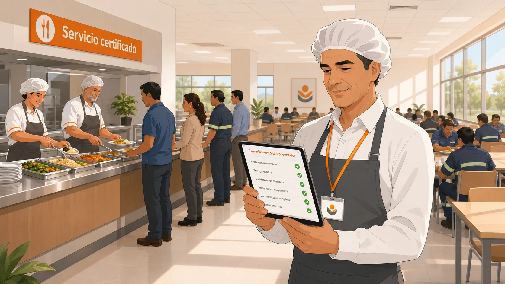 Supervisor de comedor industrial revisando checklist de cumplimiento REPSE del proveedor en tableta durante la operación