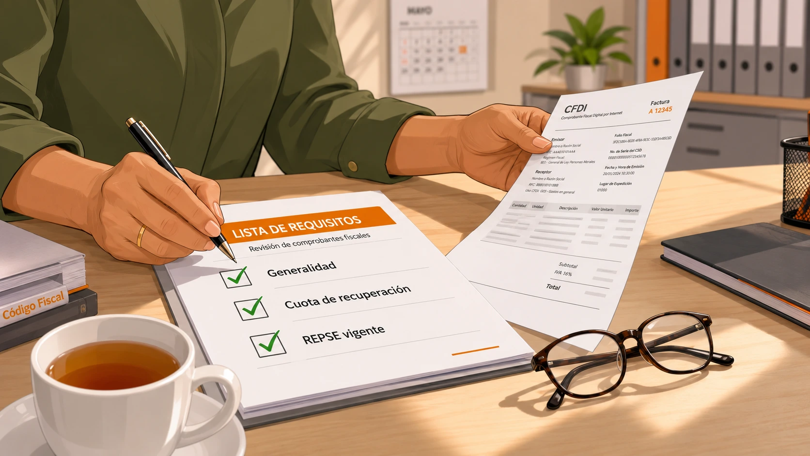 Fiscalista revisando checklist de deducibilidad del comedor con generalidad, cuota de recuperación y REPSE vigente