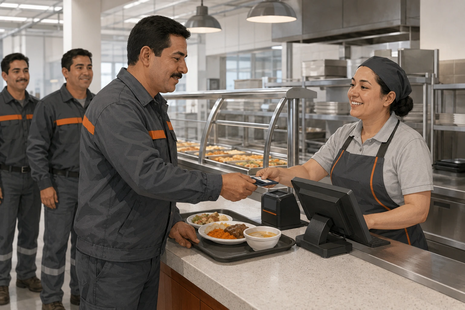 Trabajador de planta pagando la cuota de recuperación simbólica del comedor subsidiado en la barra del comedor industrial