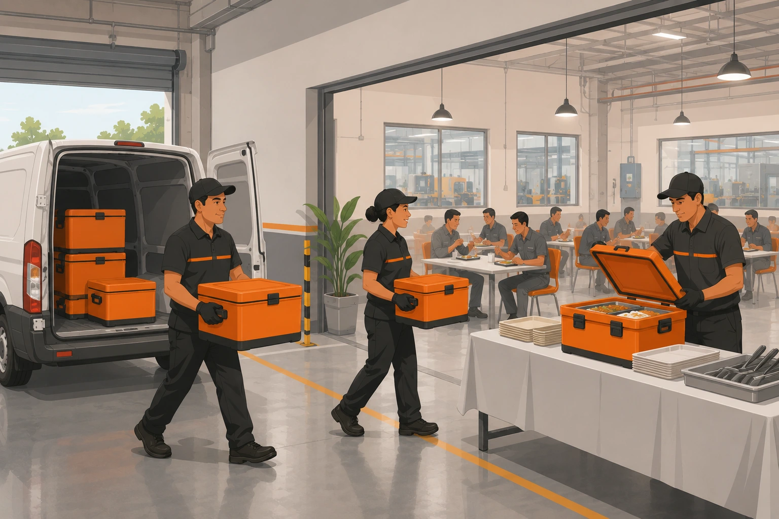 Personal de servicio bajando contenedores isotérmicos con alimentos transportados a una empresa mediana sin cocina propia