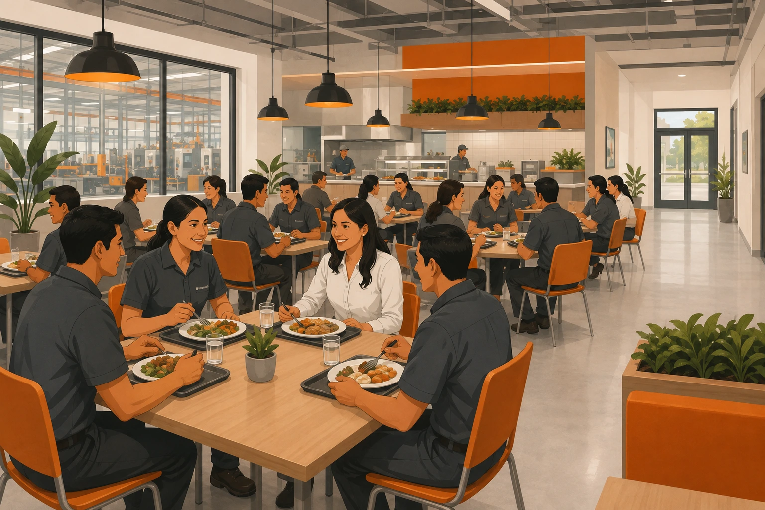 Trabajadores comiendo juntos en un comedor subsidiado digno y acogedor, sugiriendo permanencia frente a la rotación de personal