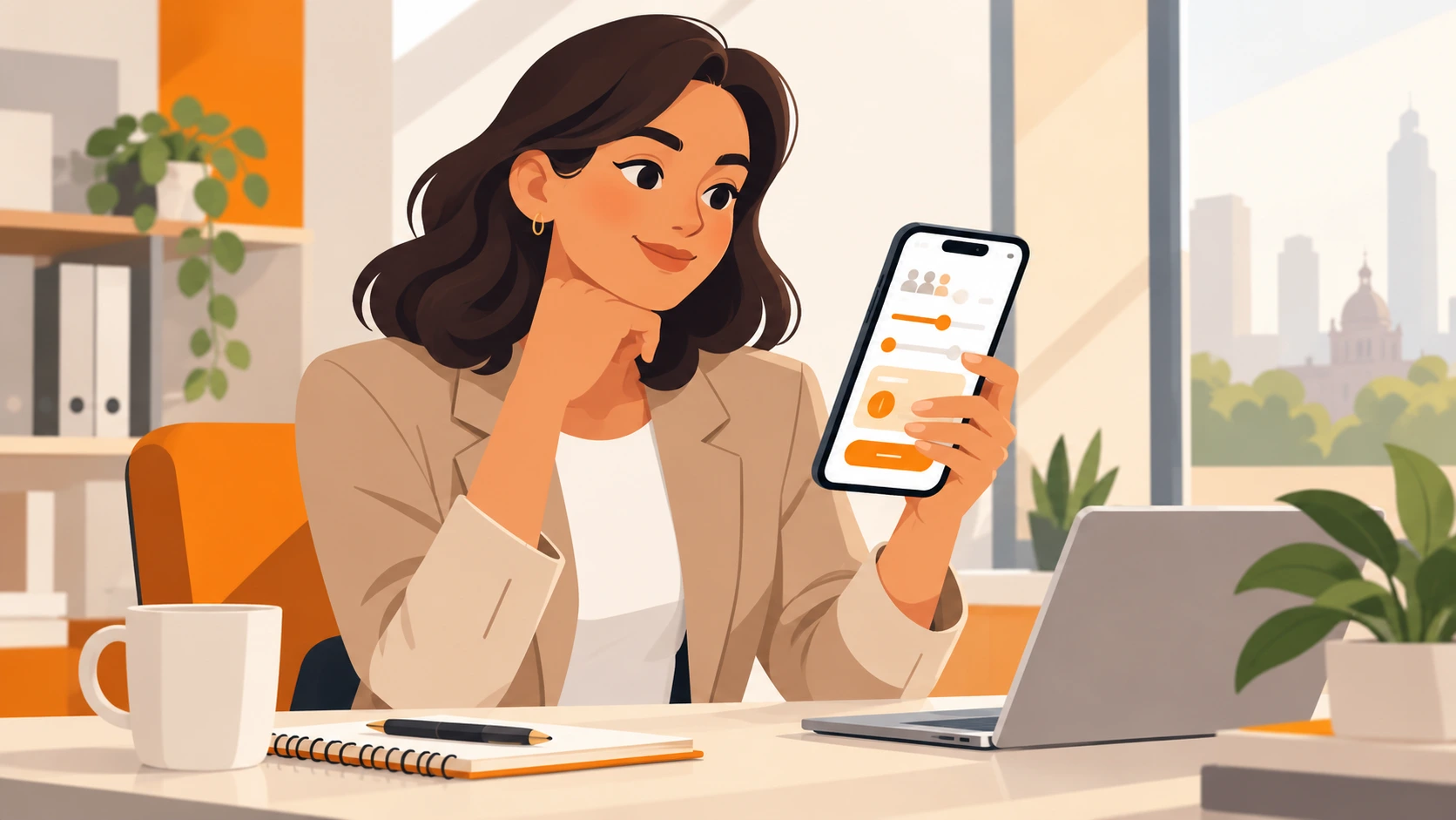 Gerente de RH usando en su teléfono un cotizador dinámico de comedor industrial según número de empleados