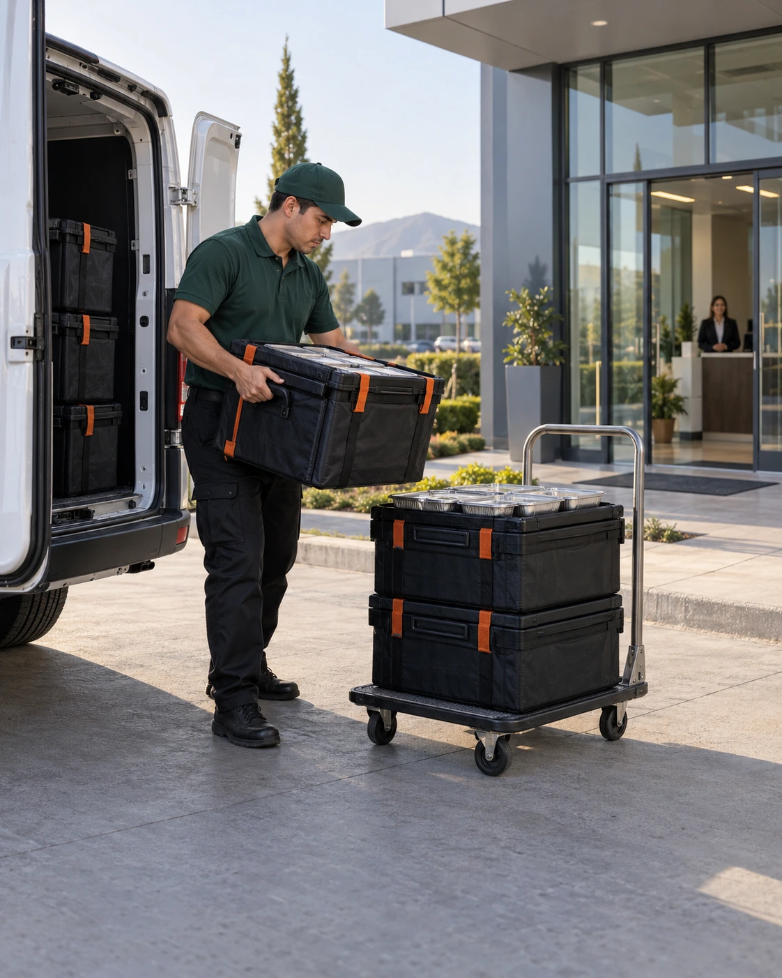Entrega de comidas transportadas de Mesón Delta en la recepción de una empresa