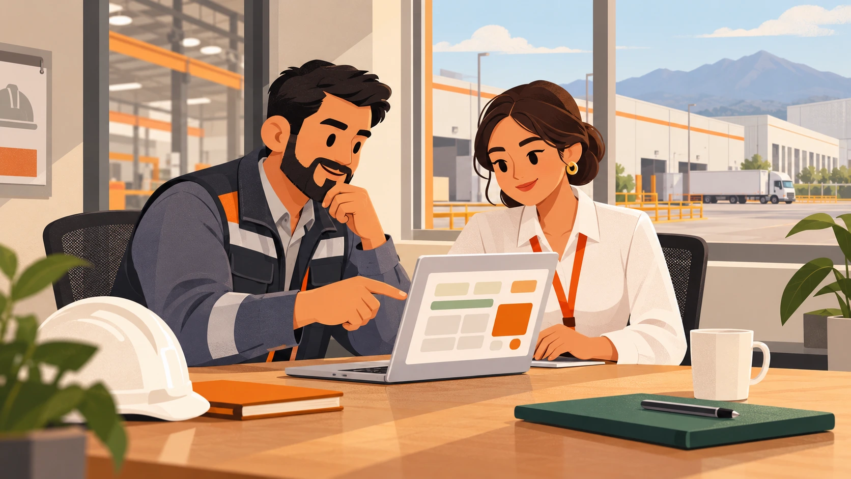 Supervisor y gerente de RH revisando en una laptop un cotizador de costos de comedor industrial en el Valle de Toluca