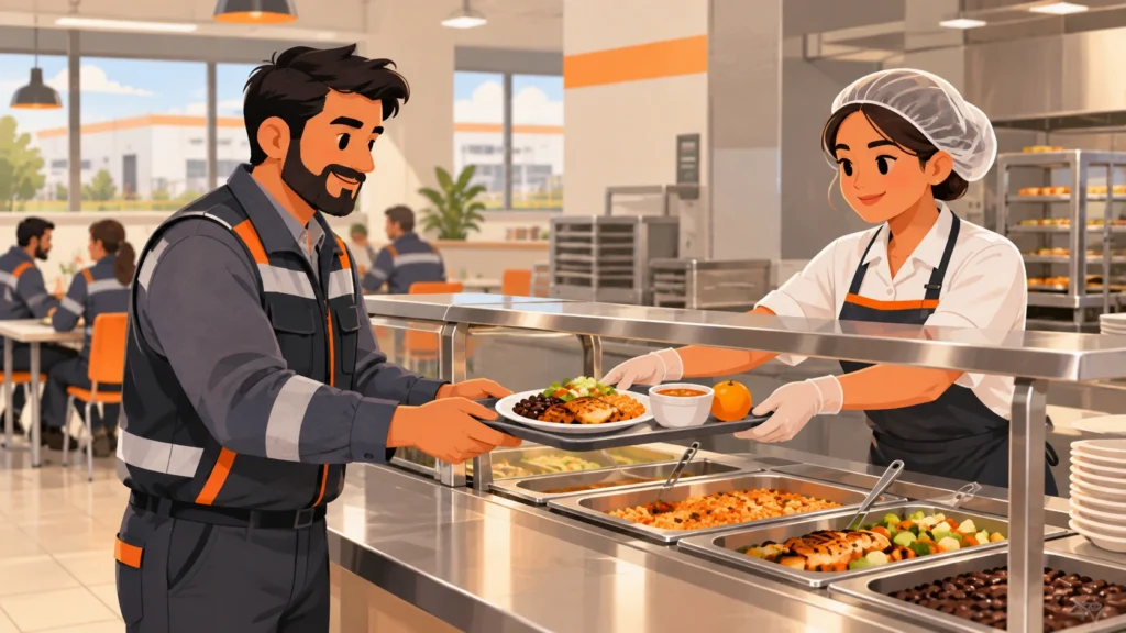 Trabajador de planta recibiendo su charola de comida caliente en la barra de servido de un comedor industrial Cuanto