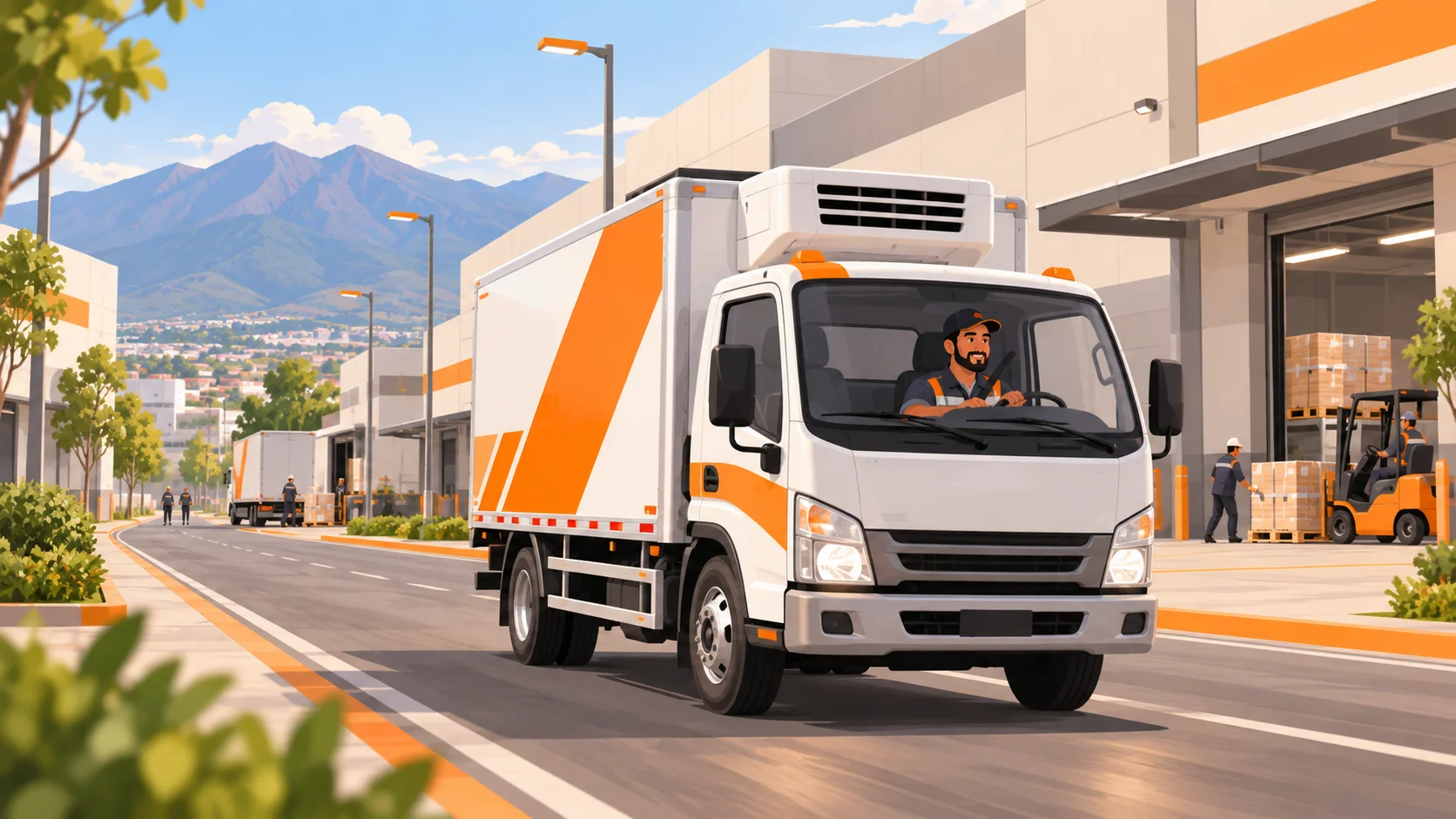 Vehículo de reparto de comida transportada recorriendo un corredor industrial del Valle de Toluca con naves y montañas al fondo