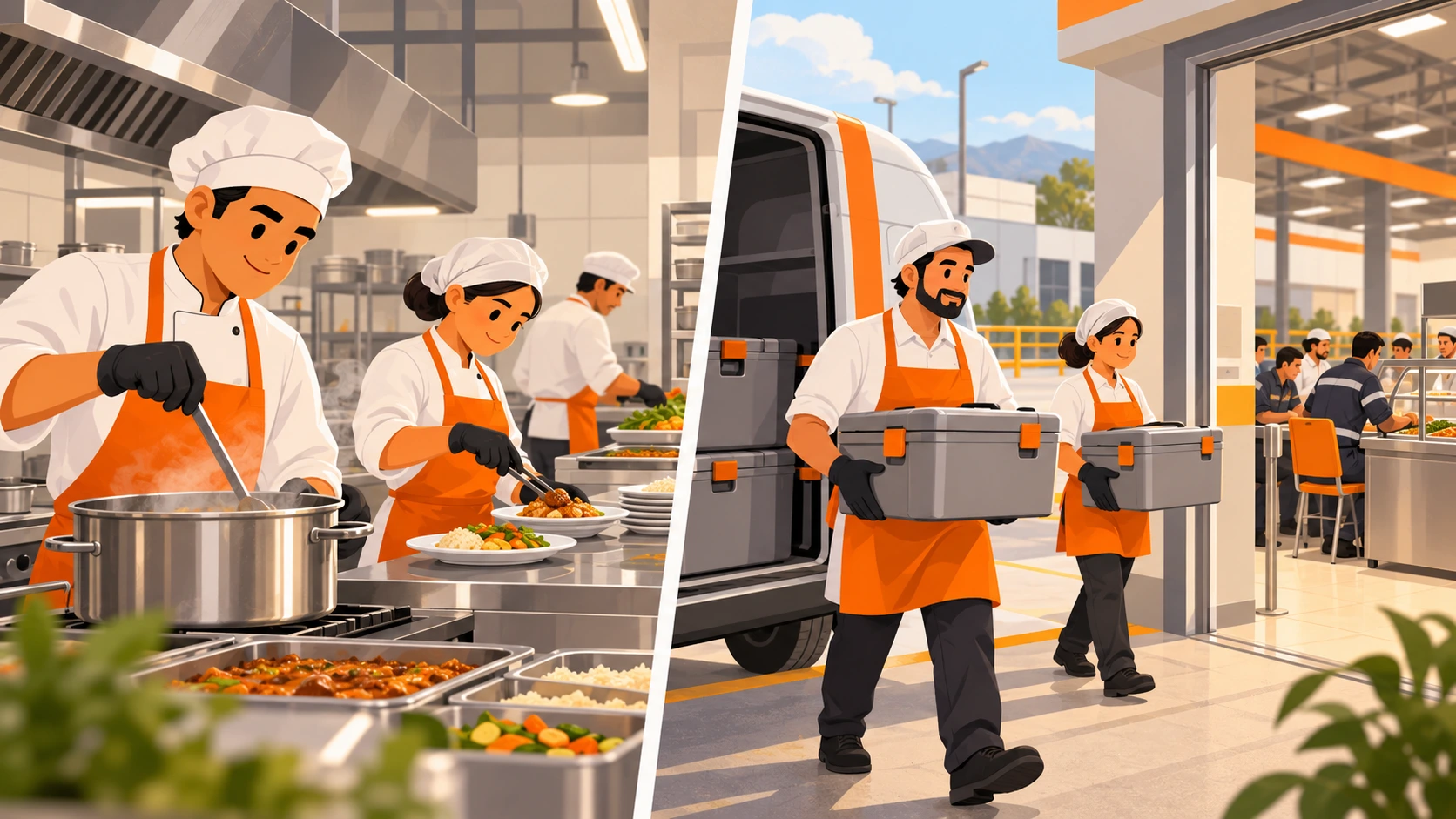 Comparación entre cocina montada en planta y personal bajando contenedores térmicos de comida transportada