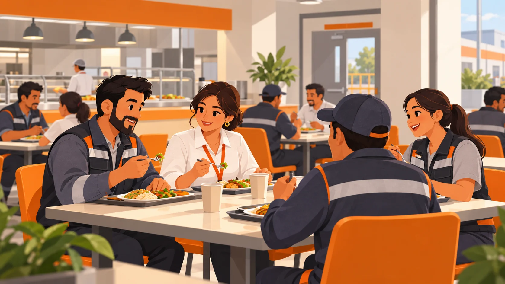 Trabajadores comiendo juntos en un comedor digno y cálido dentro de la empresa, sugiriendo permanencia frente a la rotación